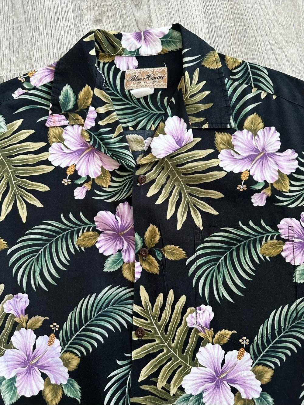 Blue Hawaii Aloha Shirt Black & Purple Hibiscus 2XL (Fits L/XL) Vintage Tropical